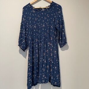 Sweet Magnolia Blue Floral‎ Print Mini Dress Smocked Flowy XL